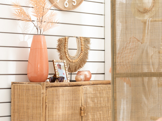 Square bamboo sideboard, black metal and wheels